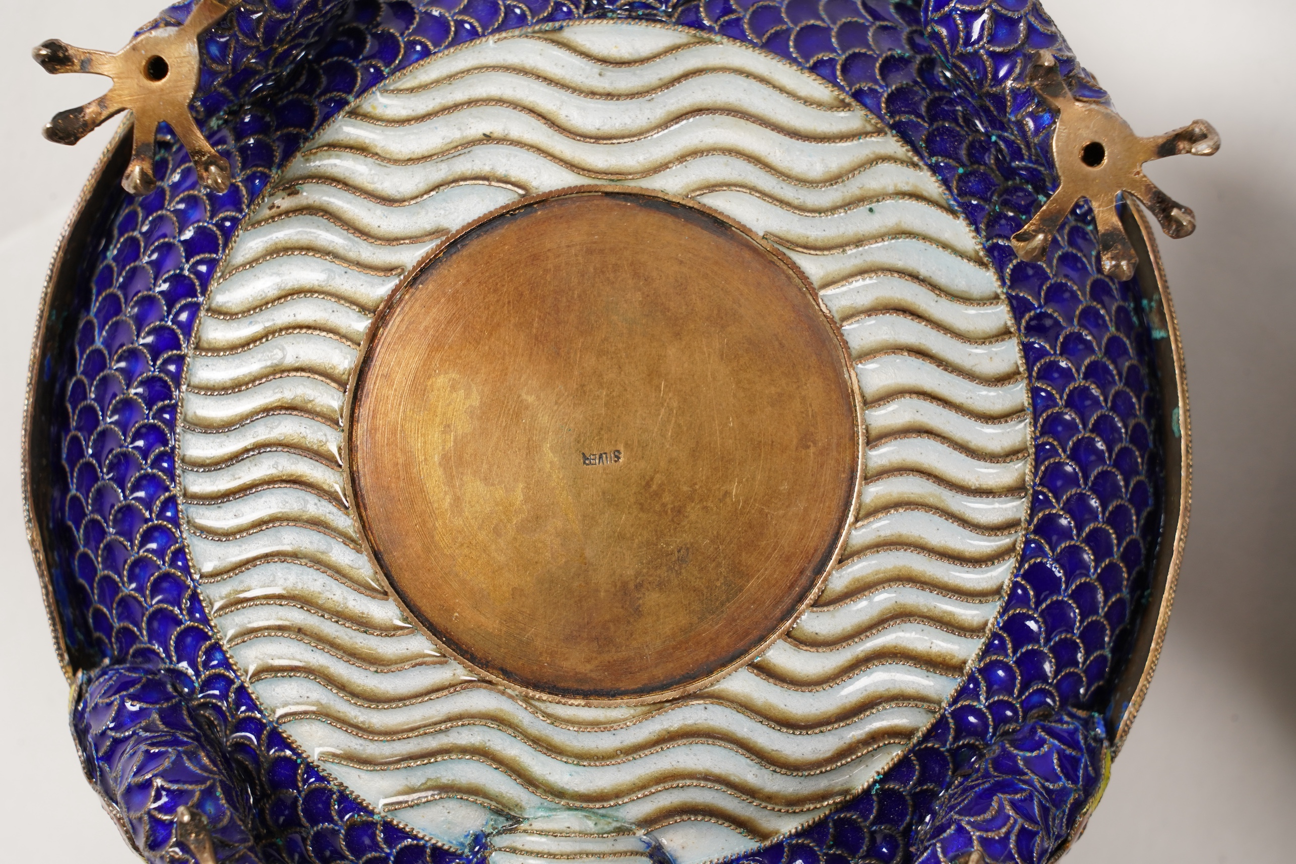 A pair of Chinese silver-gilt and enamel ’dragon’ bowls, 20th century